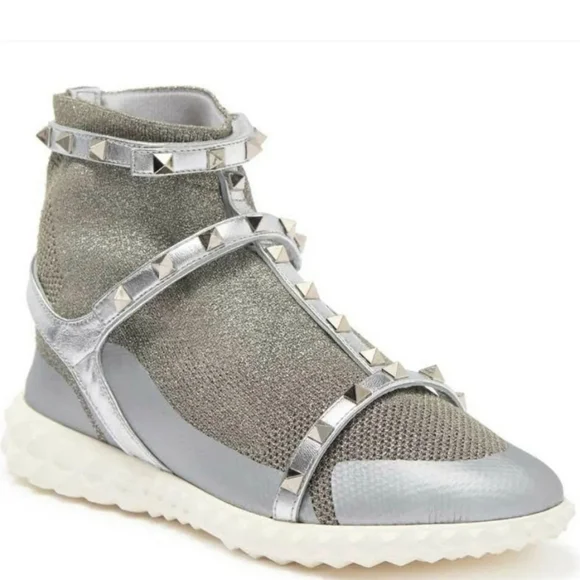 $995 Valentino GARAVANI Silver Rockstud Knit Sneakers SZ IT 40/ US 10 NIB - Picture 3 of 12